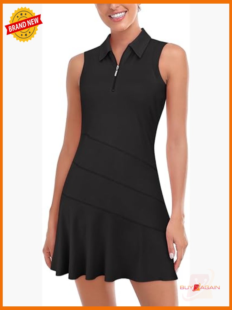 Tennis Dress With Shorts, 2 Pockets, Zip Up Polo, Sleeveless Workout Dress